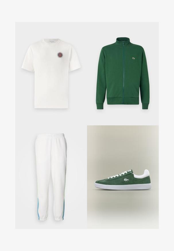 Zaļš rāvējslēdzēju jaku, kas izgatavota no mīksta auduma, ar augstu apkakli un ribotām piedurknēm. Lacoste logo izvietots kreisajā krūšu daļā.; Balta kokvilnas T-kreklā ar īsām piedurknēm, kuram pa kreisi uz krūšu laukuma ir apļveida zils un oranžs "Tennis Heritage" logo.; Baltas sporta bikses ar elastīgu jostu, ar zaļiem un ziliem sānu svītrainiem. Mīksta auduma ar sašaurinātu potīšu dizainu.; Zema profila zaļie zamša sporta apavi ar baltām šņorēm, baltu zoli, polsterētu papēža apkakli un izšūtu krokodila logo ar tekstu "EST. 1933".