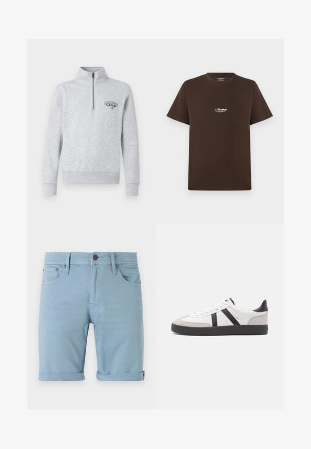 Hallimust särgiga hall kapuutsiga sviiter, millel on kõrge kaelus, soonikkoes varrukad ja alläär. Rinnal on must logo. Valmistatud pehmest, tekstuuriga kangast.; Pruun puuvillane T-särk lühikeste varrukatega, ümmargune kaelus ja väike valge logo rinnal. Sile tekstuur ja tavaline lõige.; Heledad sinised teksapüksid, klassikalise viie taskuga disainiga, rullitud varrukatega, ees ja taga õmblemise detailidega ning tumeda nööbiga kinnitamisega.; Valged tossud mustade ja hallide aktsentidega, tekstureeritud halli varbakattega, musta kummitald ja lamedad valged paelad. Puhtad jooned, minimalistlik stiil.