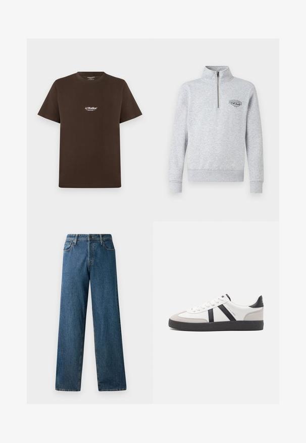 Grå zip-up sweatshirt med høj krave, ribbede manchetter og kant, med et sort logo på brystet. Lavet af et blødt, struktureret stof.; Brun bomulds t-shirt med korte ærmer, rund hals og et lille hvidt logo på brystet. Glat tekstur og regular fit.; Blå lige jeans i denim med fem lommer og knaplukning mod en hvid baggrund.; Hvide sneakers med sorte og grå detaljer, med en tekstureret grå tåhætte, sort gummisål og flade hvide snørebånd. Rent design, minimalistisk stil.