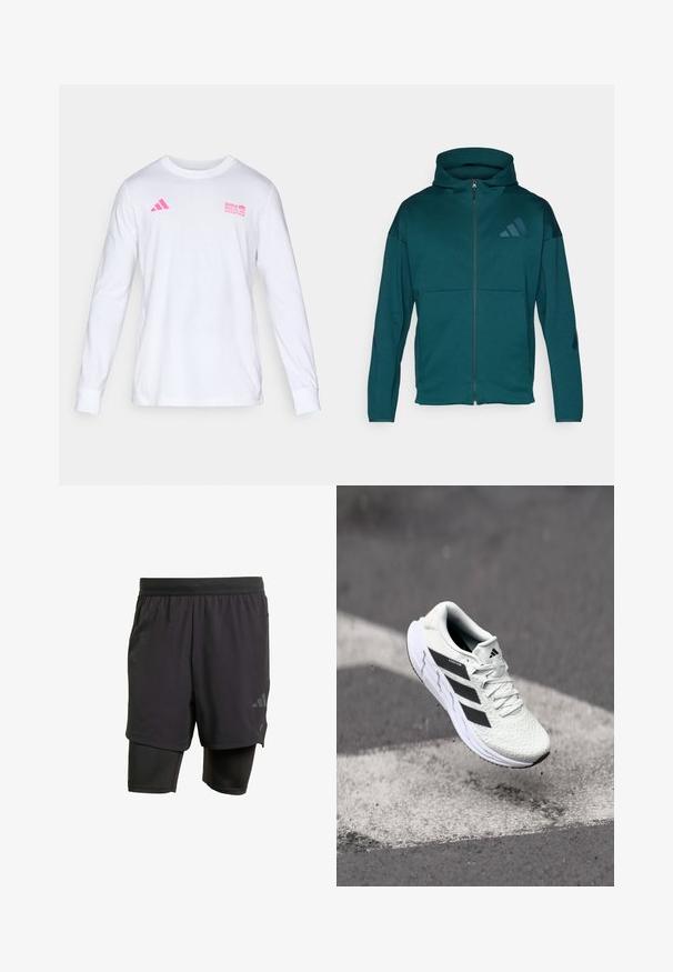 Volledige rits teal capuchon sweatshirt met voorzakken en subtiele donkere logo's op de borst en mouwen, weergegeven op een eenvoudige witte achtergrond.; Witte lange mouwen crew neck shirt met roze Adidas logo en tekst van de BMW Berlijn Marathon op de borst.; Zwarte sportshorts met geïntegreerde binnenlaag, gemaakt van ademend materiaal. Bevat een subtiele logo en gestructureerde textuur. Verstelbare tailleband.; Witte sportschoen met een textuur van mesh, zwarte strepen, vetersluiting en een gevoerde zool, zwevend boven een gemarkeerd wegoppervlak.