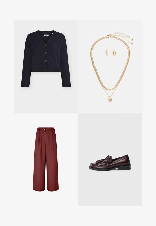 Laivastonsininen lyhyt neuletakki pehmeästä neuloskankaasta, jossa on V-pääntie, pitkät hihat ja kuusi nappia edessä.; Kolme toppeja mustana, oliivinvihreänä ja valkoisena. Pehmeä kangas, jossa on pyöreä kaula-aukko, yksinkertainen muotoilu ilman koristeita.; Housut, joissa on leveät lahkeet, syvän burgundin väriset, valmistettu sileästä kankaasta. Ominaisuuksiin kuuluvat vyötärönauha, etupleatit ja yksi nappikiinnitys.; Burgundy nahka loaferit, joissa on frange-viimeistely, pyöristetty varvas ja matala, kiinteä musta korko. Yksityiskohtainen ommel kantapään ympärillä.; Kulta korusetti, joka sisältää kerroksellisen kaulaketjun, jossa on pisaran muotoinen riipus, ja siihen sopivat nappikorviksia, kaikki kiillotetussa viimeistelyssä.