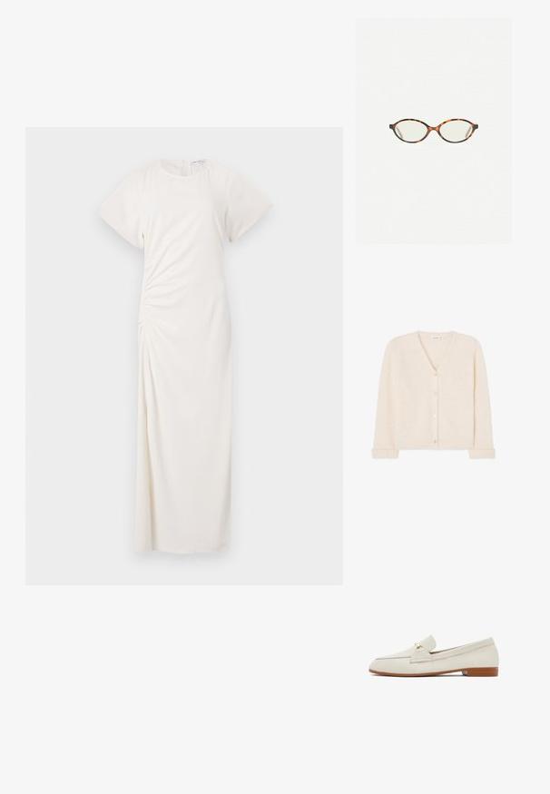 Kremowy kardigan z dekoltem w serek, wykonany z puszystego dzianiny, z pięcioma guzikami z przodu oraz ściągaczami u mankietów i u dołu.; Biała sukienka z krótkimi rękawami, okrągłym dekoltem i bocznymi marszczeniami; gładki materiał w długości do podłogi.; Kremowe skórzane loafersy z płaską, brązową podeszwą. Posiadają przednią klapkę i mały złoty akcent z boku. Gładka tekstura, minimalistyczny design.; Okulary w kolorze tortoiseshell z owalnymi soczewkami i gładkim, eleganckim wykończeniem. Posiadają cienkie boki z delikatnym łukiem w okolicy skroni. Przezroczyste soczewki.
