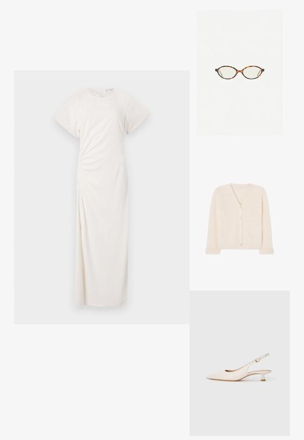 Crème v-hals cardigan van pluizig breimateriaal, met vijf knopen aan de voorkant en geribde manchetten en zoom.; Witte jurk met korte mouwen, ronde halslijn en ruches aan de zijkanten; gladde stof met een vloerlange silhouet.; Crèmekleurige puntneus slingback schoen met lage kittenheel en gouden gesp op een effen witte achtergrond.; Kattenoogbril met ovale lenzen en een strakke, gladde afwerking. Heeft dunne zijkanten met een subtiele kromming bij de slapen. Transparante lenzen.