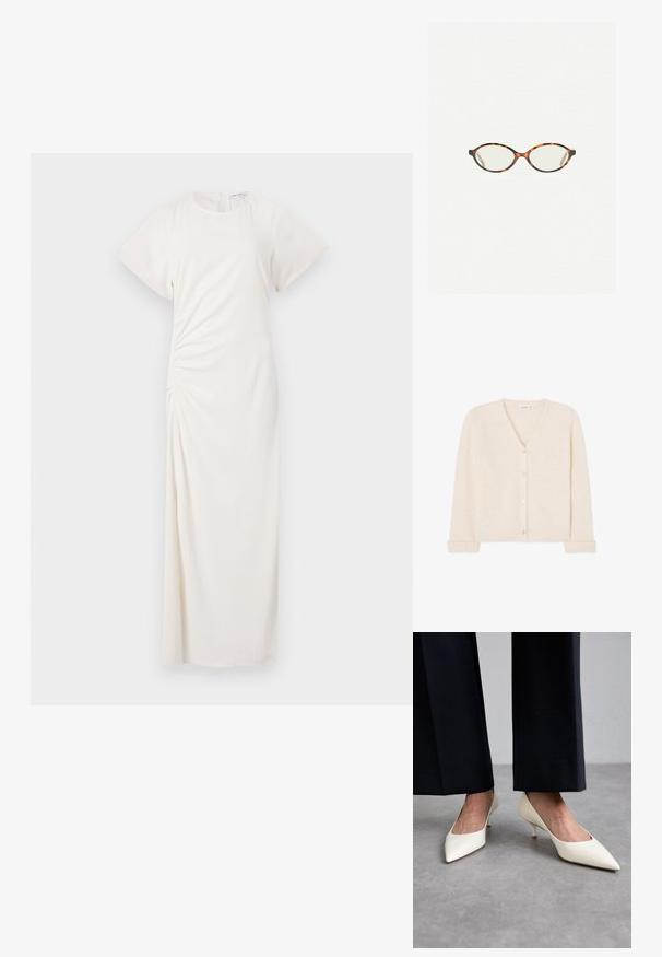 Cardigan crema a scollo a V realizzato in morbido materiale a maglia, con cinque bottoni sul davanti e polsini e orlo a coste.; Abito bianco con maniche corte, scollatura rotonda e dettaglio arricciato ai lati; tessuto liscio con silhouette lunga fino a terra.; Stuart Weitzman POWER - Decolleté - cream; Occhiali in tartaruga con lenti ovali e una finitura liscia e elegante. Presentano aste sottili con una leggera curva alle tempie. Lenti trasparenti.