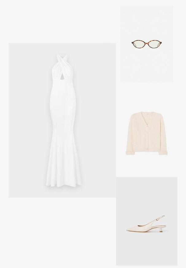 Cardigan crema a scollo a V realizzato in morbido materiale a maglia, con cinque bottoni sul davanti e polsini e orlo a coste.; Abito da sera bianco con corpino aderente, collo halter, dettaglio frontale arrotolato e orlo a campana. Realizzato in tessuto morbido e elasticizzato.; Scarpa slingback a punta color crema con tacco kitten basso e fibbia dorata su sfondo bianco puro.; Occhiali in tartaruga con lenti ovali e una finitura liscia e elegante. Presentano aste sottili con una leggera curva alle tempie. Lenti trasparenti.