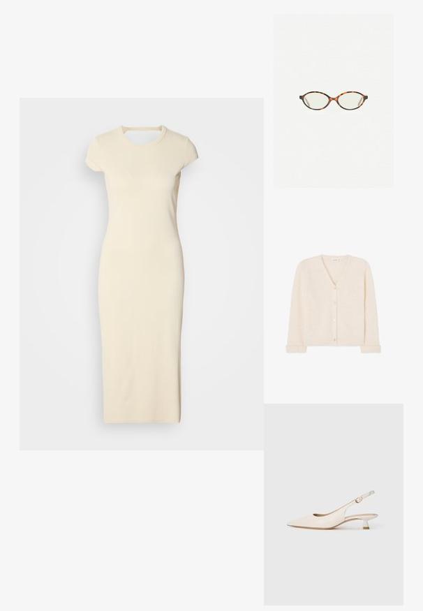 Kremowy kardigan z dekoltem w serek, wykonany z puszystego dzianiny, z pięcioma guzikami z przodu oraz ściągaczami u mankietów i u dołu.; Kremowa, prążkowana sukienka midi z krótkimi rękawami, okrągłym dekoltem i dopasowanym krojem. Gładka tekstura z minimalnymi detalami.; Kremowy, spiczasty but na odkrytej pięcie z niskim obcasem w kształcie kociego pazura i złotym klamrą na jednolitym białym tle.; Okulary w kolorze tortoiseshell z owalnymi soczewkami i gładkim, eleganckim wykończeniem. Posiadają cienkie boki z delikatnym łukiem w okolicy skroni. Przezroczyste soczewki.