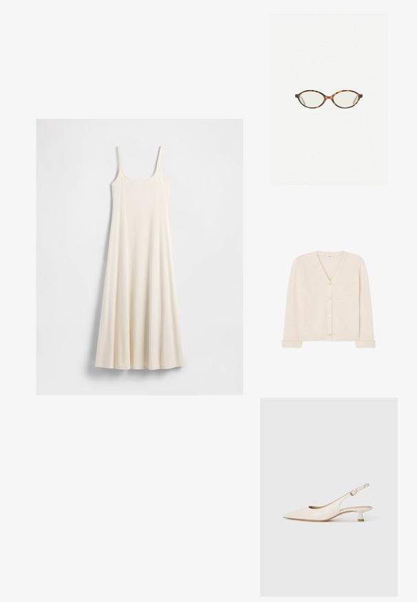 Kremasti kardigan s v-izrezom izrađen od pahuljastog pletenog materijala, s pet dugmadi sprijeda i rebrastim manžetama i rubom.; Duga, krem-bijela haljina bez rukava s tankim naramenicama i lepršavim rubom, položena ravno na bijeloj pozadini.; Cipele u boji kreme s uskim vrhom i niskom kitten petom, sa zlatnom kopčom na jednostavnoj bijeloj pozadini.; Naočale u boji kornjače s ovalnim staklima i elegantnim, glatkim završetkom. Imaju tanke strane s suptilnom krivuljom na sljepoočnicama. Prozirna stakla.