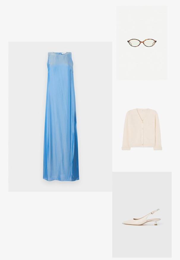 Krémový cardigan s v-výstřihem vyrobený z nadýchané pleteniny, s pěti knoflíky vpředu a žebrovanými manžetami a spodním lemem.; Bezramenné modré maxi šaty vyrobené z hladkého, lesklého materiálu, s uvolněným střihem a jemným gradientem od světle modré po tmavou modrou.; Krémová špičatá slingback obuv s nízkým klínkovým podpatkem a zlatou sponou na bílém pozadí.; Želvovinové brýle s oválnými čočkami a hladkým, jemným povrchem. Má tenké bočnice s jemným zakřivením v chrámcích. Čiré čočky.