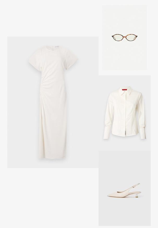 Crème v-hals cardigan van pluizig breimateriaal, met vijf knopen aan de voorkant en geribde manchetten en zoom.; Witte blouse van een gladde stof, met lange mouwen, knoopsluiting en een slim fit met subtiele voorpanden voor een betere pasvorm.; Witte jurk met korte mouwen, ronde halslijn en ruches aan de zijkanten; gladde stof met een vloerlange silhouet.; Crèmekleurige puntneus slingback schoen met lage kittenheel en gouden gesp op een effen witte achtergrond.; Kattenoogbril met ovale lenzen en een strakke, gladde afwerking. Heeft dunne zijkanten met een subtiele kromming bij de slapen. Transparante lenzen.