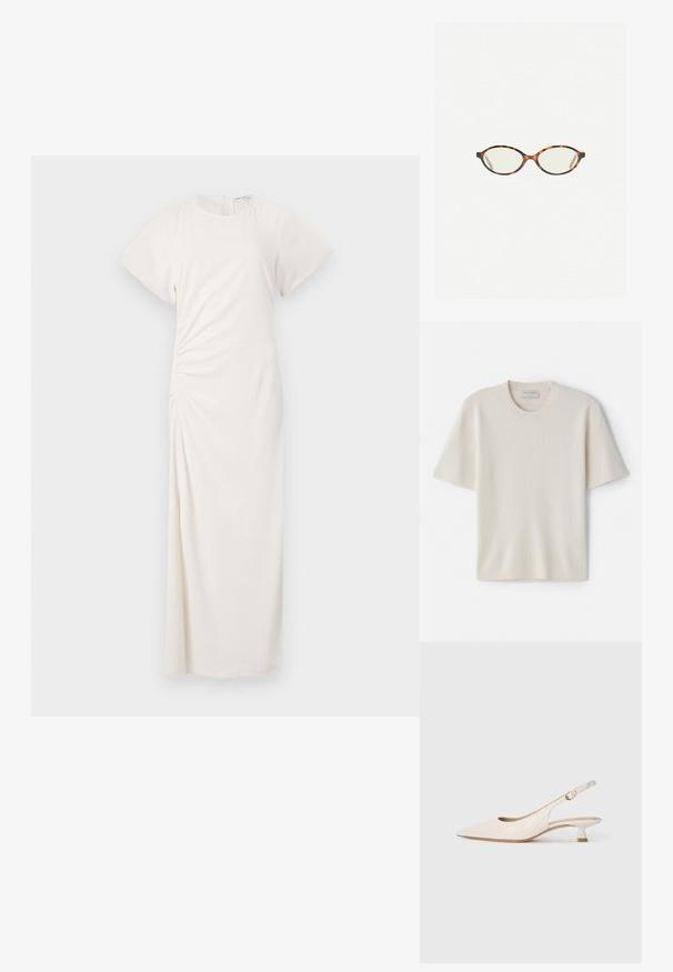 Creme v-hals cardigan lavet af fluffy strikmateriale, med fem knapper foran og ribbede manchetter og kant.; Cremefarvet T-shirt med korte ærmer og rund halsudskæring, lavet af blødt materiale, med lige snit og minimal detaljering.; Hvid kjole med korte ærmer, rund halsudskæring og ruching-detalje i siden; glat stof med en gulvlængde silhuet.; Cremefarvet spids snude slingback sko med lav kitten hæl og guldspænde på plain hvid baggrund.; Skildpaddebriller med ovale linser og en elegant, glat finish. Har tynde sider med en subtil kurve ved tindingerne. Klare linser.