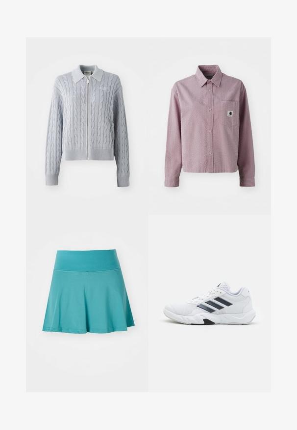 Cardigã azul em ponto de cable com fecho em zíper, colarinho, punhos e bainha canelados. Apresenta um padrão texturizado com um acabamento suave.; Camisa botão rosa claro com padrão texturizado, mangas longas, um bolso no peito e uma pequena etiqueta de logo no bolso.; Saia atlética em azul petróleo com uma cinta larga, design evasé e textura perfurada, confeccionada em tecido respirável para conforto e movimento.; Tênis atlético branco com parte superior em malha, três listras pretas de cada lado, detalhes texturizados e uma sola de borracha resistente com uma seção preta contrastante.