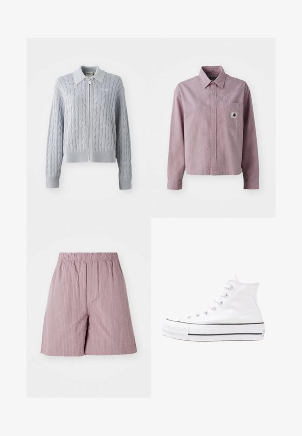 Zilās adītas jakas ar rāvējslēdzēju, apkakli, ribinātām piedurknēm un apakšmalu. Iezīmējas ar teksturētu rakstu un gludu apdari.; Gaiši rozā krekls ar pogām, ar teksturētu rakstu, garām piedurknēm, krūšu kabatu un nelielu logotipa birku uz kabatas.; Gaiši rozā šorti, kas izgatavoti no teksturēta auduma ar elastīgu jostasvietu un taisnu griezumu. Iezīmējas ar smalku rakstu un tīru apdari.; Balti augstie kanvas sporta apavi ar melnu gumijas zoli, priekšējo gumijas purngalu un sešām acīm lencēm, kuriem ir tīrs, minimālistisks dizains.