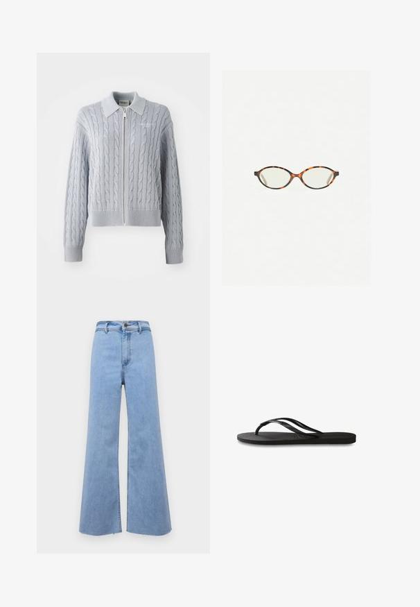 Hellblaue Strickjacke aus Kabelstrick mit einem Reißverschluss, Kragen, gerippten Bündchen und Saum. Sie hat ein strukturiertes Muster mit glatter Oberfläche.; Helles rosa Hemd mit Knopfverschluss, strukturierter Musterung, langen Ärmeln, einer Brusttasche und einem kleinen Logofähnchen an der Tasche.; Hellblaue Weite Jeans mit hoher Taille, fransigem Saum und Knopfverschluss vorne. Hergestellt aus Denim, mit glatter Textur und klaren Linien.; Schwarze Flip-Flops mit einer strukturierten Gummisohle, zwei schlanken Riemen und einem dezenten, geprägten Logo-Detail auf dem Riemen.; Schildpatt-Eyegläser mit ovalen Gläsern und einer eleganten, glatten Oberfläche. Mit dünnen Seiten und einer subtilen Kurve an den Schläfen. Klare Gläser.