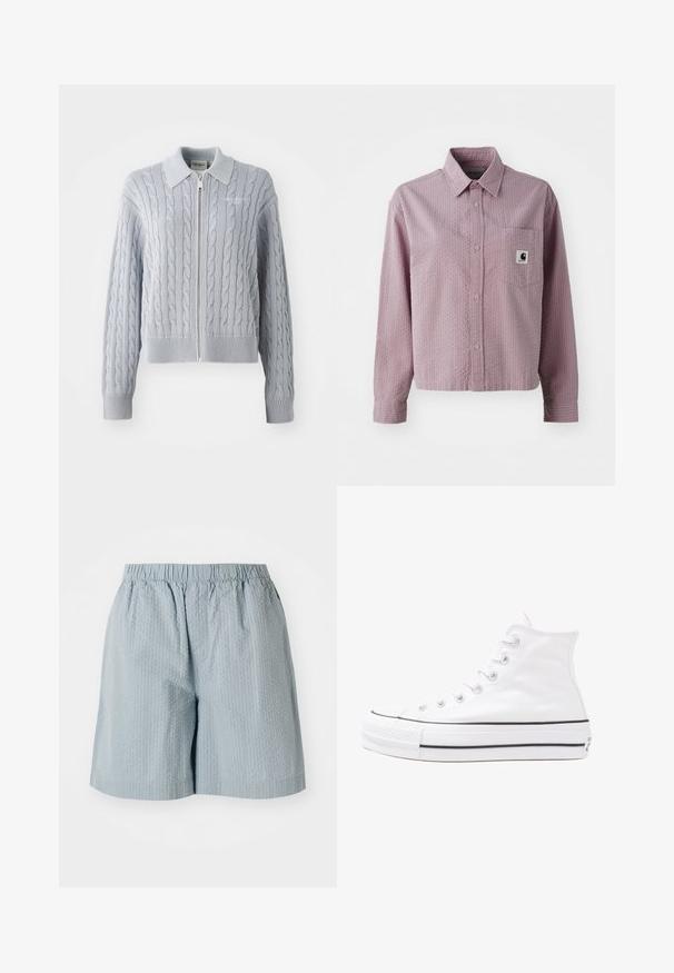 Hellblaue Strickjacke aus Kabelstrick mit einem Reißverschluss, Kragen, gerippten Bündchen und Saum. Sie hat ein strukturiertes Muster mit glatter Oberfläche.; Helles rosa Hemd mit Knopfverschluss, strukturierter Musterung, langen Ärmeln, einer Brusttasche und einem kleinen Logofähnchen an der Tasche.; Helle blaue, strukturierte Shorts mit einem elastischen Taillenbund, die eine lockere Passform haben und keine sichtbaren Taschen oder Metallteile aufweisen.; Weiße hochwertige Leinensneaker mit schwarzer Gummisohle, vorderem Gummizehenschutz und sechs Ösen für Schnürsenkel, die ein sauberes, minimalistisches Design aufweisen.