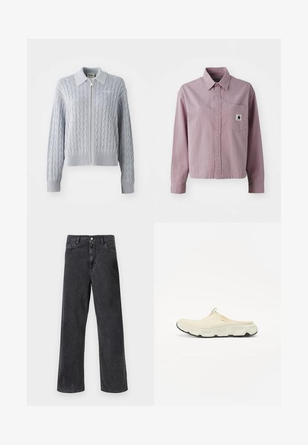 Cardigan bleu en maille torsadée avec une fermeture éclair, un col, des poignets et un ourlet côtelés. Présente un motif texturé avec une finition lisse.; Chemise boutonnée rose clair avec un motif texturé, manches longues, une poche poitrine et une petite étiquette logo sur la poche.; Jean noir en denim avec une coupe droite, doté d'une fermeture à bouton en métal, de cinq poches et de coutures visibles. Texture lisse et couleur sobre.; Chaussure à enfiler en maille crème avec une semelle blanche épaisse et une semelle extérieure texturée noire. Équipée d'une languette au talon pour un enfilement facile.