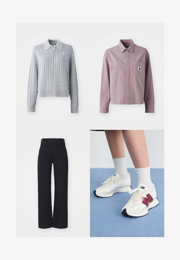 Sinise soonedega kaelusega kardigan, millel on tõmblukk, soonikkoes mansetid ja äär. Omab tekstuurset mustrit sujuva viimistlusega.; Hele roosa nööpidega särk, tekstuurse mustriga, pikkade varrukatega, rinna-tasku ja väike logo silt taskul.; Mustad kõrge vöökoha ja laiad varrukad teksad esi nööbiga ja lukuga, vöökohaga aasadega ja kahe ettehitatud taskuga valgel taustal.; Valge tenniste paar marooni aktsentide, tekstuuriliste paneelide, lame musta tallaga ja heleda nööriga, kantud valgete pahkl sockidega.