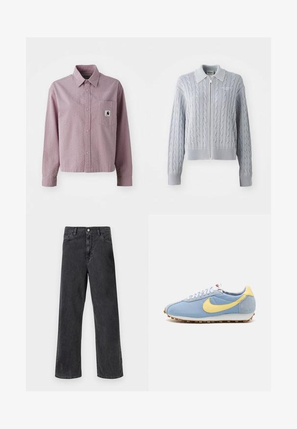 Cable-knit blue cardigan with a zip closure, collar, ribbed cuffs, and hem. Features a textured pattern with a smooth finish.; Light pink button-up shirt with a textured pattern, long sleeves, a chest pocket, and a small logo tag on the pocket.; Two cotton crop tops in white and black. Each has a deep neckline and thin shoulder straps, featuring a smooth, soft texture.; Black denim jeans with a straight-leg cut, featuring a metal button closure, five pockets, and visible stitching. Smooth texture and muted color.; Blue mesh and suede sneaker with yellow Nike swoosh, white laces, and light brown sole; classic athletic design.