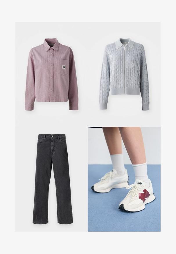 Svetr z modrého pleteného úpletu s zipovým zapínáním, límcem, žebrovanými manžetami a lemem. Vyznačuje se strukturovaným vzorem s hladkým povrchem.; Světle růžová košile s dlouhými rukávy, s texturovaným vzorem, kapsou na prsou a malou logovou nálepkou na kapse.; Černé džíny z denimu s rovnou nohavicí, s kovovým zapínáním, pěti kapsami a viditelným švem. Hladká textura a tlumená barva.; Pár bílých tenisek s vínovými akcenty, texturovanými panely, plochou černou podrážkou a světlými tkaničkami, nošené s bílými kotníkovými ponožkami.