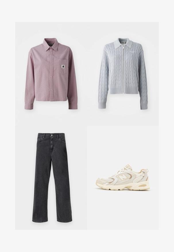 Cardigan blu a maglia grossa con chiusura a zip, colletto, polsini e orlo a coste. Presenta un motivo testurizzato con una finitura liscia.; Camicia button-up rosa chiaro con un motivo testurizzato, maniche lunghe, tasca sul petto e una piccola etichetta con logo sulla tasca.; Jeans in denim nero con taglio dritto, dotati di chiusura con bottone metallico, cinque tasche e cuciture visibili. Tessuto liscio e colore neutro.; Scarpe sportive beige con sovrapposizioni in mesh e materiale sintetico, dotate di una superficie testurizzata, colletto imbottito e ammortizzazione "ABZORB" nel tallone.