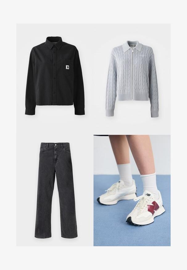 Blauwe kabelgebreide cardigan met ritssluiting, kraag, geribde manchetten en zoom. Heeft een gestructureerd patroon met een gladde afwerking.; Zwarte langemouwen shirt met een getextureerd wafelpatroon, knoopsluiting aan de voorkant, kraag en een borstzak met een logo patch.; Zwarte denim jeans met een rechte pijp, voorzien van een metalen knoopsluiting, vijf zakken en zichtbare stiksels. Soepele textuur en gedempte kleur.; Een paar witte sneakers met bordeauxrode accenten, getextureerde panelen, een platte zwarte buitenzool en lichte veters, gedragen met witte enkelsokken.