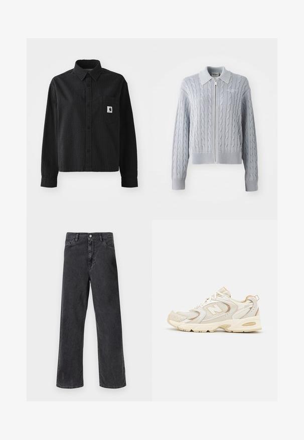 Cardigan bleu en maille torsadée avec une fermeture éclair, un col, des poignets et un ourlet côtelés. Présente un motif texturé avec une finition lisse.; Chemise noire à manches longues avec un motif gaufré, fermeture éclair à boutons, col et poche poitrine avec un patch logo.; Jean noir en denim avec une coupe droite, doté d'une fermeture à bouton en métal, de cinq poches et de coutures visibles. Texture lisse et couleur sobre.; Chaussures de sport beiges avec des superpositions en mesh et en synthétique, présentant une surface texturée, un col rembourré et un amorti "ABZORB" au niveau du talon.