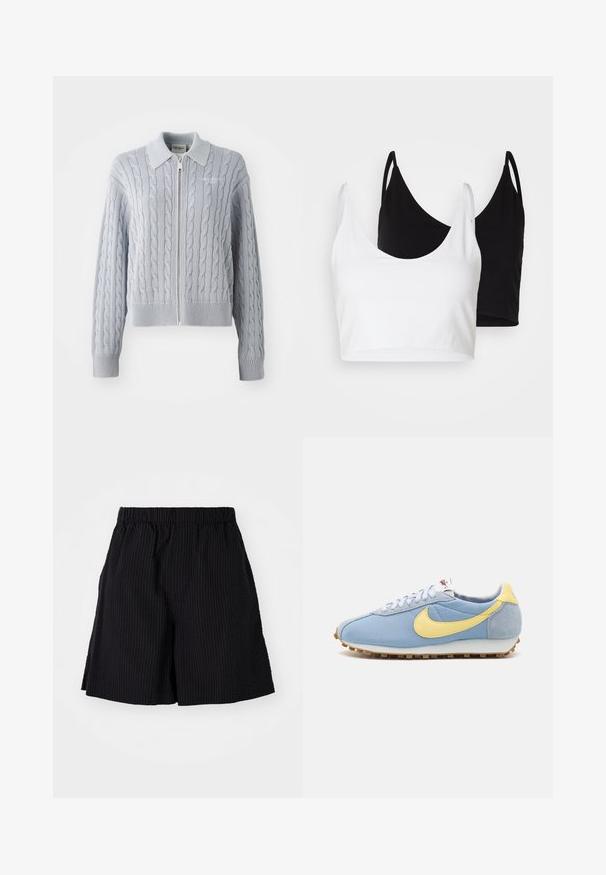 Cardigan bleu en maille torsadée avec une fermeture éclair, un col, des poignets et un ourlet côtelés. Présente un motif texturé avec une finition lisse.; Deux tops courts en coton, l'un blanc et l'autre noir. Chacun a un décolleté plongeant et des fines bretelles, offrant une texture lisse et douce.; Shorts noirs en tissu texturé avec un motif côtelé. Dotés d'une taille élastique et d'une coupe décontractée. Se terminent juste au-dessus du genou.; Baskets en mesh bleu et en daim avec un swoosh Nike jaune, des lacets blancs et une semelle marron clair ; design athlétique classique.