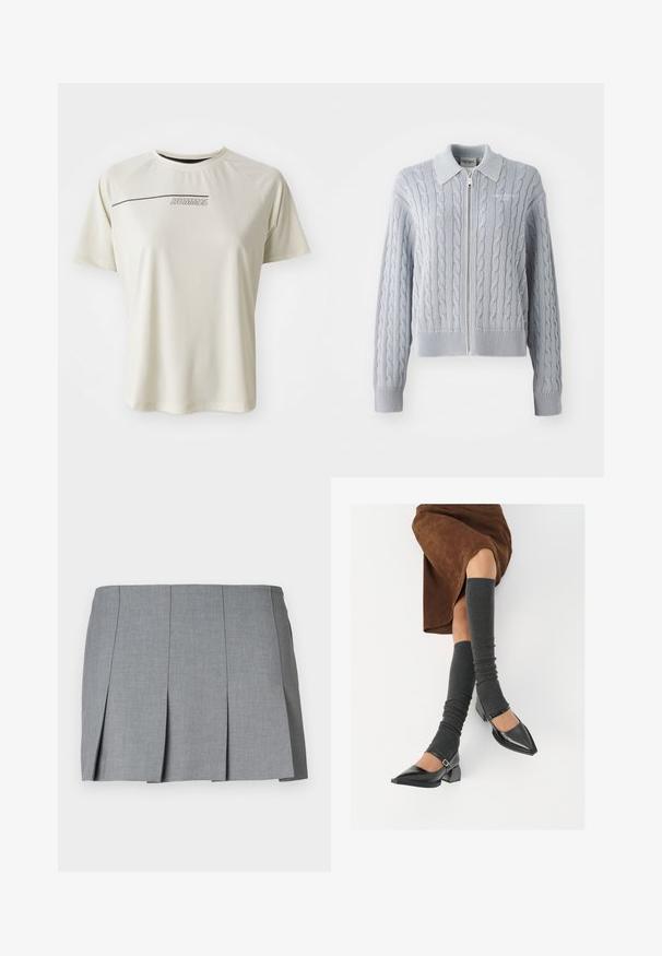 Sinise soonedega kaelusega kardigan, millel on tõmblukk, soonikkoes mansetid ja äär. Omab tekstuurset mustrit sujuva viimistlusega.; Heled béžist lühikeste varrukatega T-särk, millel on soonikkoes. Omab sportlikku disaini ja tumeda pruuni "HUMMEL" logo rinnal.; Hele roosa nööpidega särk, tekstuurse mustriga, pikkade varrukatega, rinna-tasku ja väike logo silt taskul.; Hallitatud hall seelik, millel on sile tekstuur, struktureeritud disain ja vormitud talje. Valmistatud kergest kangast, millel on peen muster.; Mustad patsaline odav värviga kingad, millel on kreen ja pahkluuring, on paaritatud hallide ribakudumitega sääremiidega ja pruunist nahast seelikuga.