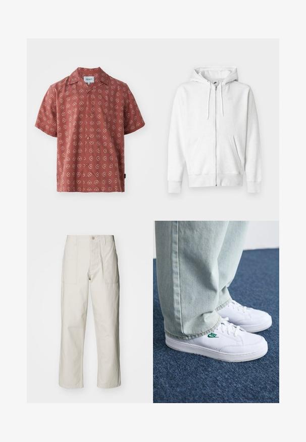 Sweat à capuche blanc zippé en tissu doux avec une poche kangourou, des cordons de serrage et un petit logo sur la partie supérieure gauche de la poitrine.; Chemise à manches courtes rouge avec un motif de cœur blanc et de pois. Fabriquée en tissu léger avec un devant à boutons et un col classique.; Pantalons larges beige clair en coton. Dotés de poches avant et d'une fermeture à bouton. Texture lisse avec de légères lignes verticales.; Baskets en cuir blanc avec logo Nike vert, bout rond, semelle plate, associées à un pantalon en denim bleu clair, présentées sur un tapis bleu.