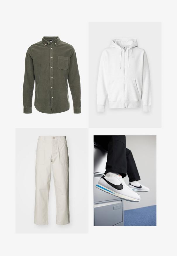Hvit hettegenser med glidelås laget av et mykt stoff, med kengurulomme, snorer og en liten logo på øvre venstre bryst.; Oliven grønn cordfløyelskjorte med lange ermer, nedknappet krage, frontlomme og foran knappelukking. Teksturert stoff med vertikale striper.; Lyse beige vide bukser laget av bomull. Har frontlommer og knappelukking. Jevn tekstur med subtile vertikale linjer.; Hvite lær sneakers med en svart Nike swoosh, lys blå og grå gummisåle, og klassisk snøring. Føttene hviler på et arkivskap.