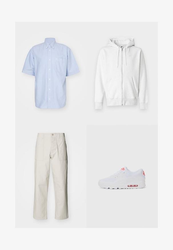 White zip-up hoodie made from a soft fabric with a kangaroo pocket, drawstrings, and a small logo on the upper left chest area.; Light blue short-sleeve button-up shirt in cotton fabric. Features a collared neck and a front pocket. Simple, solid color design.; Light beige wide-leg pants made of cotton. Features front pockets and a button closure. Smooth texture with subtle vertical lines.; White athletic sneaker featuring a smooth upper, lace closure, cushioned sole, and a visible air unit with red accents on the branding.