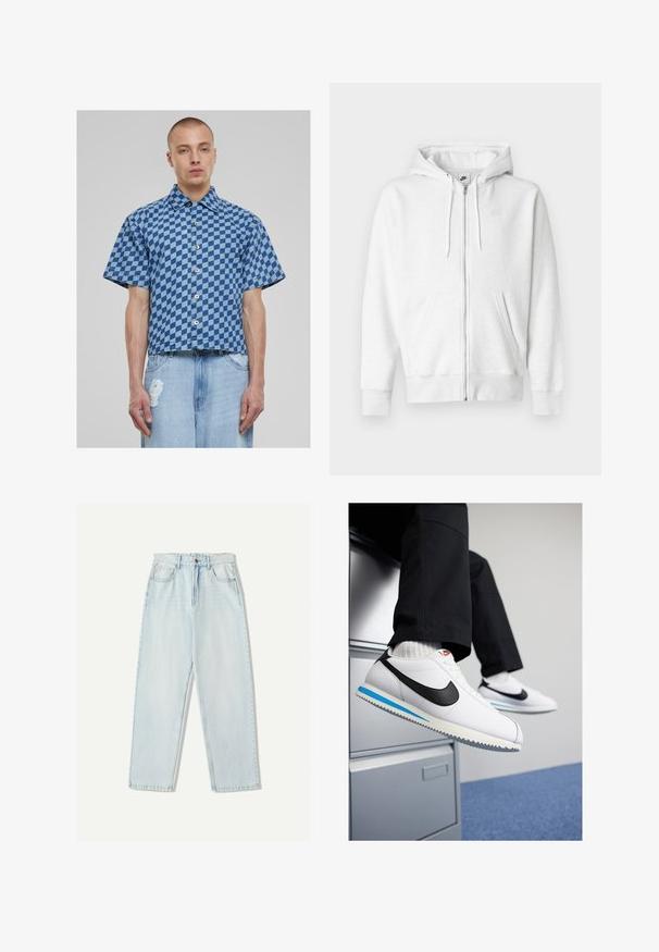 Weißer Kapuzenpullover mit Reißverschluss aus weichem Stoff, mit Kängurutasche, Kordelzug und kleinem Logo auf der linken oberen Brustseite.; Kurzarmhemd im blau karierten Muster, aus Denim-Material, mit knöpfbarem Verschluss und einem cropped, boxy Schnitt. Darunter eine ausgewaschene Jeans.; Helle blaue Denim-Jeans mit lässiger Passform, geradem Beindesign, Fünf-Taschen-Stil und dezentem Verblassen des Stoffes.; Weisse Ledersneaker mit schwarzem Nike-Swoosh, hellblauem und grauem Gummisohle sowie klassischem Schnürdesign. Füße ruhen auf einem Aktenschrank.