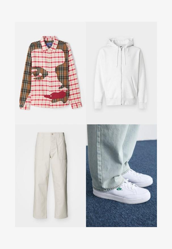 White zip-up hoodie made from a soft fabric with a kangaroo pocket, drawstrings, and a small logo on the upper left chest area.; Long-sleeve plaid shirt featuring red and brown check patterns, large face silhouette applique, and front button closure.; Light beige wide-leg pants made of cotton. Features front pockets and a button closure. Smooth texture with subtle vertical lines.; White leather sneakers with green Nike logo, round toe, flat sole, paired with light blue denim pants, shown on a blue carpet.