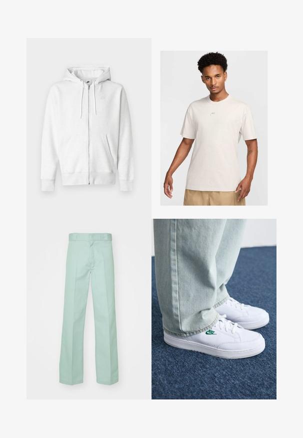 White zip-up hoodie made from a soft fabric with a kangaroo pocket, drawstrings, and a small logo on the upper left chest area.; Man with short curly hair wears beige Nike t-shirt and khaki shorts, facing forward against plain light background.; Light green trousers made of cotton with a straight leg design, featuring a smooth texture and standard waistband with belt loops.; White leather sneakers with green Nike logo, round toe, flat sole, paired with light blue denim pants, shown on a blue carpet.