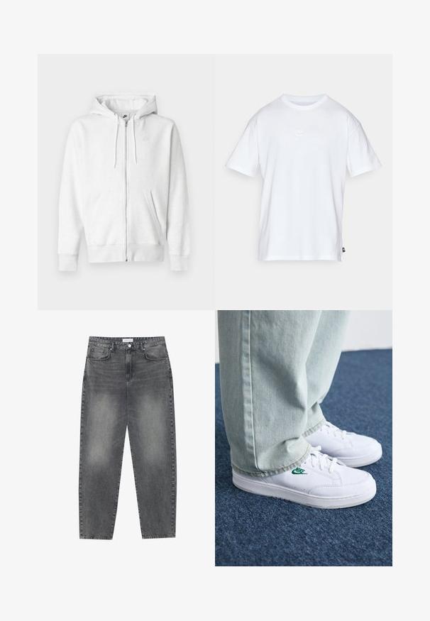 White zip-up hoodie made from a soft fabric with a kangaroo pocket, drawstrings, and a small logo on the upper left chest area.; White cotton t-shirt with short sleeves and a round neck. Features a small, subtle Nike logo on the chest and a side label.; High-waisted, loose-fitting jeans in faded black denim. Features five pockets, belt loops, and a clean, straight leg design.; White leather sneakers with green Nike logo, round toe, flat sole, paired with light blue denim pants, shown on a blue carpet.