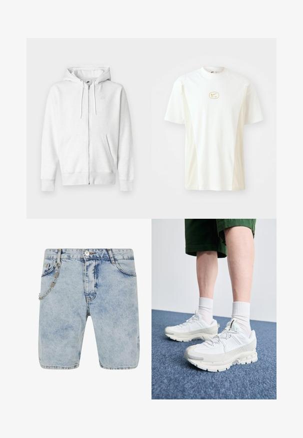 Balts rāvējslēdzēja džemperis no mīksta auduma ar kengūras kabatu, auklām un mazu logo augšējā kreisajā krūšu daļā.; Īsām piedurknēm, ar apaļu kakla izgriezumu, baltas un gaiši bežīgas krāsas T-kreklā. Izceļas ar mazu zeltītu Nike logo uz krūtīm un gludu kokvilnas tekstūru.; Gaišzili džinsu šorti ar brīvu piegriezumu, pieciem kabatām un sānu ķēdes detaļu. Iekļauj nelielu izbalēšanu un taisnu apakšmali.; Baltas sporta apavi ar teksturētām detaļām, masīvu zoli un pelēkiem akcentiem. Valkāti ar baltiem zeķu pēdu apģērbiem un zaļām šortiem uz zilas virsmas.
