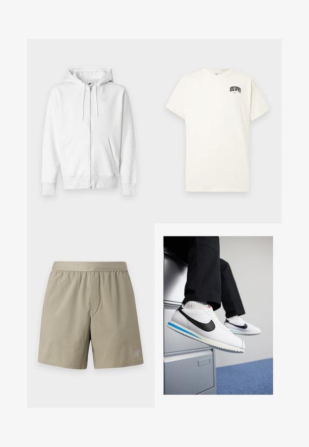 Valge lukuga dressipluus pehmest kangast, millel on kängurutasku, nöörid ja väike logo ülemises vasakus rinnapiirkonnas.; Kreemivalge puuvillane t-särk lühikeste varrukatega, millel on rinnal musta ja punase tekstiga "NIKE SB". Tavaline ümmargune kaelus.; Beežid kerged spordilühikesed, millel on elastne vöökoht, üks eesmine tasku ja logo alumises paremas nurgas. Sile ja kerge kangas.; Valged nahast tossud musta Nike'i logoga, helesinise ja halli kummist tallaga ning klassikalise lipsuvariantiga. Jalad restingud dokumendikapil.