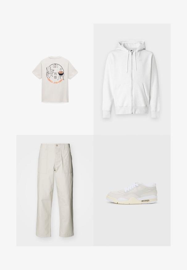 White zip-up hoodie made from a soft fabric with a kangaroo pocket, drawstrings, and a small logo on the upper left chest area.; White T-shirt with a back print showing a folding chair, grill with sausages, lantern, and text "425°F grilling, 600°F baking pizzas, GRILL AND CHILL."; Light beige wide-leg pants made of cotton. Features front pockets and a button closure. Smooth texture with subtle vertical lines.; Sneakers with a light beige synthetic upper, white laces, and visible cushioning. Features a smooth sole and subtle side accents.