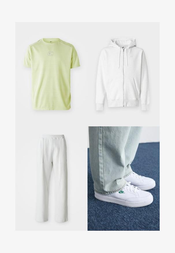 Baltas užsegamas džemperis su užtrauktuku, pagamintas iš minkštos medžiagos, su kengūros tipo kišene, raišteliais ir mažu logotipu viršutinėje kairėje krūtinės srityje.; Šviesiai žalia Nike marškinėliai, trumpomis rankovėmis, apvaliu kaklu, su vertikalių juostelių tekstūra, centre yra mažas logotipas su užrašu "AIR".; Balti kasualūs keliai su elastinga juosta ir didelėmis priekinių kišenėmis, pavaizduoti ant paprasto šviesaus fono.; Balti odiniai sportbačiai su žaliu Nike logotipu, apvalia nosimi, plokščiu padu, derinami su šviesiai mėlynomis džinsinėmis kelnėmis, rodomi ant mėlynos kiliminės dangos.