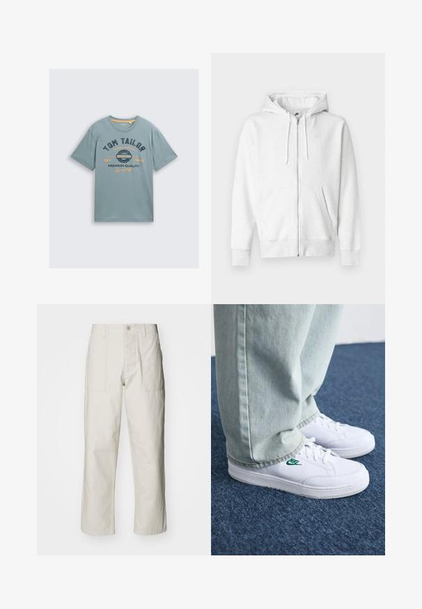 Hoodie branco com fecho de correr, feito de um tecido macio, com bolso canguru, cordões e um pequeno logotipo na parte superior esquerda do peito.; T-shirt de algodão azul claro com mangas curtas. Apresenta texto gráfico em azul escuro e laranja: "TOM TAILOR" e "QUALIDADE PREMIUM". Gola redonda simples.; Calças largas em bege claro, feitas de algodão. Apresentam bolsos frontais e fecho com botão. Textura suave com linhas verticais subtis.; Tênis de couro brancos com logo verde da Nike, bico redondo, sola plana, combinados com calças de denim azul claro, exibidos sobre um tapete azul.