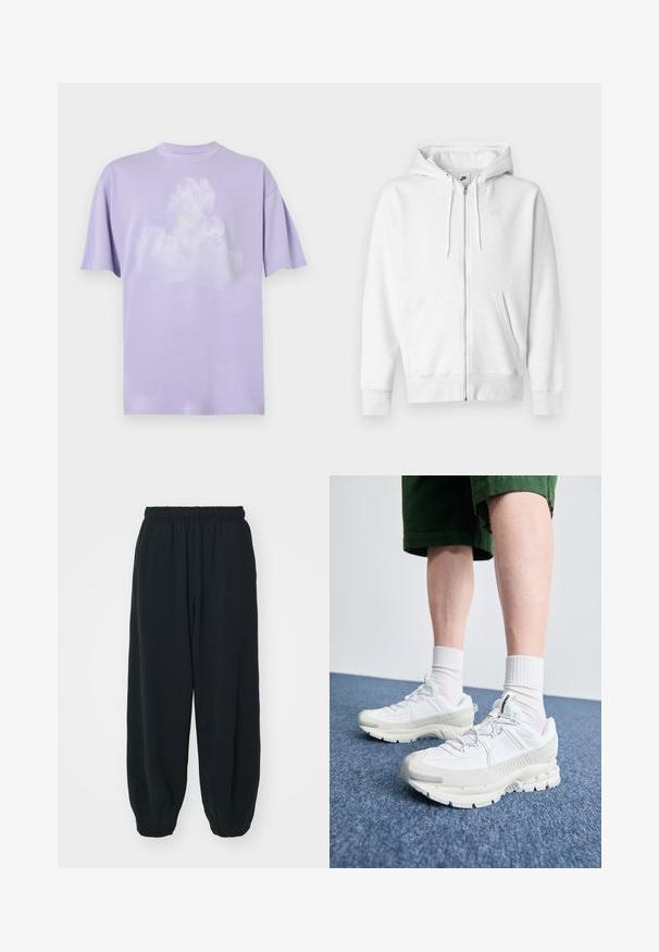 Fehér cipzáras kapucnis pulóver puha anyagból, kenguruzsebbel, húzózsinórokkal és egy kis logóval a bal felső mellrészen.; Lila pamut póló, laza szabással, felhőmintával és egy kis sárga Nike logóval a mellkason. Rövid ujjú.; Fekete, rugalmas derékpántos melegítőnadrág, laza fit, véget érő szárakkal, sima textúrával, látható minták vagy hardver díszek nélkül.; Fehér sportcipők texturált burkolattal, vastag talppal és szürke részletekkel. Fehér sportzoknival és zöld rövidnadrággal viselve, kék felületen.