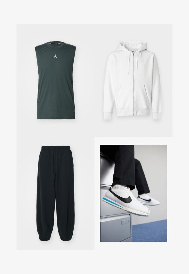 Felpa con cappuccio bianca con zip, realizzata in tessuto morbido, con tasca a marsupio, coulisse e piccolo logo nell'area superiore sinistra del petto.; Canottiera senza maniche di colore verde scuro, realizzata in cotone, con scollatura rotonda e logo Jordan bianco sul petto.; Pantaloni da jogging neri con vita elasticizzata, dalla vestibilità morbida, caviglie a costina, texture liscia e senza motivi visibili o dettagli in metallo.; Sneakers in pelle bianca con uno swoosh Nike nero, suola in gomma leggera blu e grigia, e un classico design con lacci. I piedi poggiano su un armadietto.