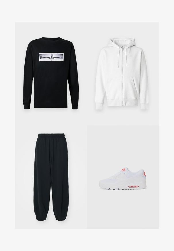 Fehér cipzáras kapucnis pulóver puha anyagból, kenguruzsebbel, húzózsinórokkal és egy kis logóval a bal felső mellrészen.; Fekete hosszúujjú póló, elöl grafikai mintával, amelyen egy fekete-fehér fényképen látható alak, karjait kitárva; kerek nyakú fazon.; Fekete, rugalmas derékpántos melegítőnadrág, laza fit, véget érő szárakkal, sima textúrával, látható minták vagy hardver díszek nélkül.; Fehér sportcipő, sima felsőrésszel, fűzős zárással, párnázott talppal és látható légpárnával, piros részletekkel a logón.