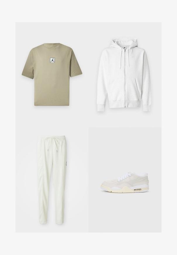 Άσπρο φούτερ με φερμουάρ, κατασκευασμένο από απαλό ύφασμα, με τσέπη καγκουρό, κορδόνια και μικρό λογότυπο στην επάνω αριστερή πλευρά του στήθους.; Καπνά χρωματιστό μπλουζάκι από βαμβάκι με κοντά μανίκια, διακοσμημένο με ένα μικρό μαύρο λογότυπο της Jordan σε άσπρο τετράγωνο στο μπροστινό μέρος. Απλός σχεδιασμός και άνετη εφαρμογή.; Λευκά εφαρμοστά jogger παντελόνια με ελαστική μέση και κορδόνι, που διαθέτουν πλαινά ραφάκια και μία μικρή μαύρη πατίνα στο δεξί πόδι.; Αθλητικά παπούτσια με ένα ανοιχτό μπεζ συνθετικό επάνω μέρος, λευκές κορδόνες και ορατή ενίσχυση. Διαθέτει ομαλή σόλα και διακριτικά πλάγια στοιχεία.
