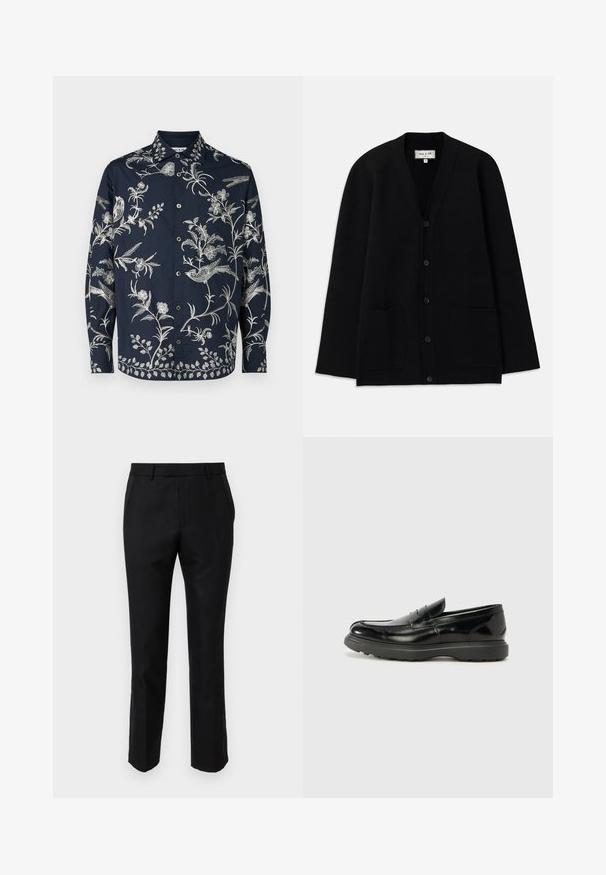 Sort cardigan lavet af blødt materiale, med V-halsudskæring, knaplukning og to forlommer. Enkel, afslappet silhuet.; Marineblå skjorte med knapper, der har detaljeret hvid blomster- og fuglebroderi, lange ærmer og en klassisk krave; stoffet er glat og let.; Sorte skræddersyede bukser med en slim fit, der har sidelommer og en glat tekstur. Kanten er afsluttet med en ren søm.; Sort læderloafer med en blank finish, rund tå, subtile syninger og en tyk gummisål for holdbarhed.