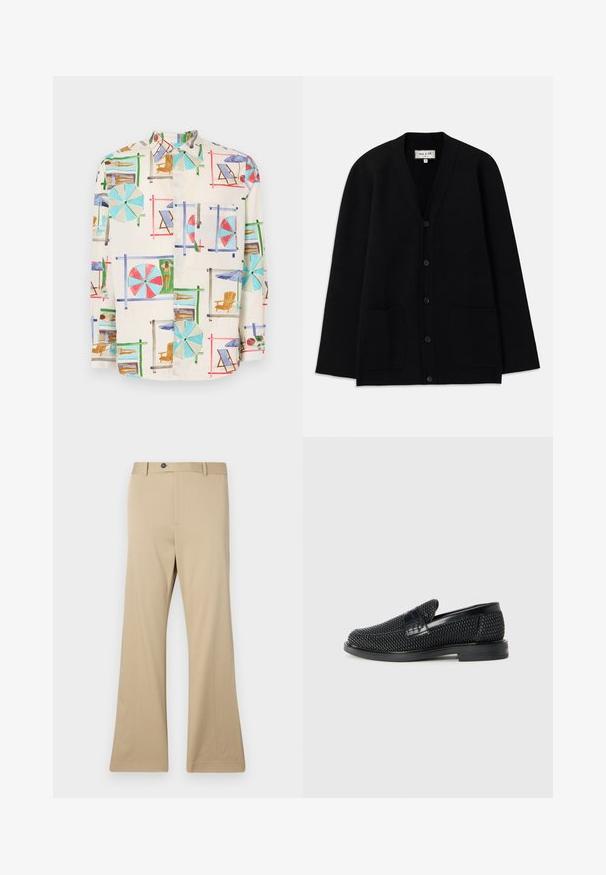 Juodas kardiganas, pagamintas iš minkštos medžiagos, su V formos iškirpte, mygtukų užsegimu ir dviem priekinėmis kišenėmis. Paprasta, laisvalaikio siluetas.; Trumpas rankovės marškiniai su mygtukais, pagaminti iš lengvos medžiagos, su spalvingu paplūdimio peizažu, kuriame yra skėčiai, kėdės ir saulės mėgėjai.; Šviesiai rudos spalvos klostuoti kelnės, pagamintos iš lygios medžiagos. Įrengtas mygtukų uždarymas, priekiniai kišenės ir pritaikytas siluetas per klubus, pereinantis į plačią kojelę.; Juodas pintas slip-on tipo batelis su lygiu odiniu akcentu viršuje, apvalios nosies dizainas ir žemas guminis padas.