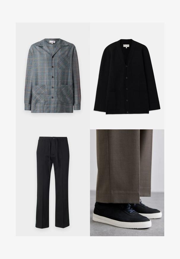 Schwarzer Cardigan aus weichem Material, mit V-Ausschnitt, Knopfverschluss und zwei Fronttaschen. Schlichte, lässige Silhouette.; Karierte Jacke in Blau, Grau und Orange. Aus einem Stoff mit glatter Textur gefertigt. Verfügt über einen Kragen, Frontknöpfe und zwei große aufgesetzte Taschen.; Schwarze Jogginghose mit einem Kordelzugbund, flacher Vorderseite und geraden Beinen. Mit grünen Akzenten entlang der Seitennähte. Weiche Stoffbeschaffenheit.; Schwarze Wildleder-Sneaker mit weißen Gummisohlen, mit einer abgerundeten Zehenpartie und Schnürsenkeln, getragen zu grauen maßgeschneiderten Hosen.