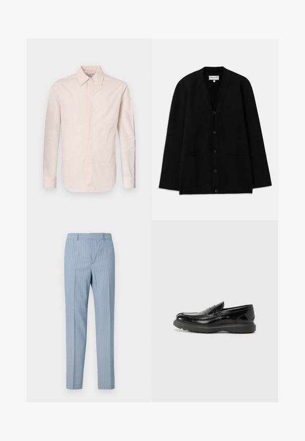 Zwarte cardigan van zacht materiaal, met een V-halslijn, knoopsluiting en twee voorzakken. Eenvoudige, relaxte silhouet.; Lichtroze langarmshirt van gladde stof, met een puntkraag, knoopsluiting en een licht gebogen zoom.; Lichtblauwe gestreepte broeken met een slim fit, voorzien van verticale krijtstrepen in het wit. Gemaakt van een gladde stof met een op maat gemaakt design.; Zwarte leren instapper met een glanzende afwerking, een ronde neus, subtiele stiksels en een dikke rubberen zool voor duurzaamheid.