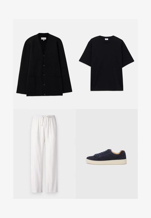 Gilet noir en tissu doux, avec un décolleté en V, une fermeture à boutons et deux poches avant. Silhouette simple et décontractée.; T-shirt noir à manches courtes oversize avec un col rond et une étiquette de marque Filippa K visible à l'intérieur du col.; Pantalon blanc léger avec une taille élastique et un cordon de serrage. Design à jambe droite avec une texture lisse. Sans motifs ni accents.; Baskets basses en suede bleu marine avec bout arrondi, semelle en caoutchouc blanc cassé et lacets assortis ; dotées d'une doublure intérieure contrastante couleur tan.