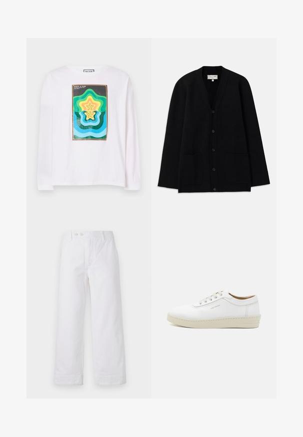 Fekete kardigán puha anyagból, V-kivágással, gombos záródással és két elülső zsebbel. Egyszerű, laza sziluett.; Fehér, hosszú ujjú póló, színes geometrikus mintával, rétegezett csillagformákkal zöld, sárga és kék színekben, sötét kerettel körbevéve.; Fehér pamut, bőszárú nadrág, magas derékkal, gombos záródással és felhajtott szegésekkel. Simaság és klasszikus dizájn jellemzi.; Fehér bőr sportcipő textúrázott felülettel, kerek orral, bézs gumitalppal és hat szürke fűzőlyukkal, melyen diszkrét logó található az oldalon.