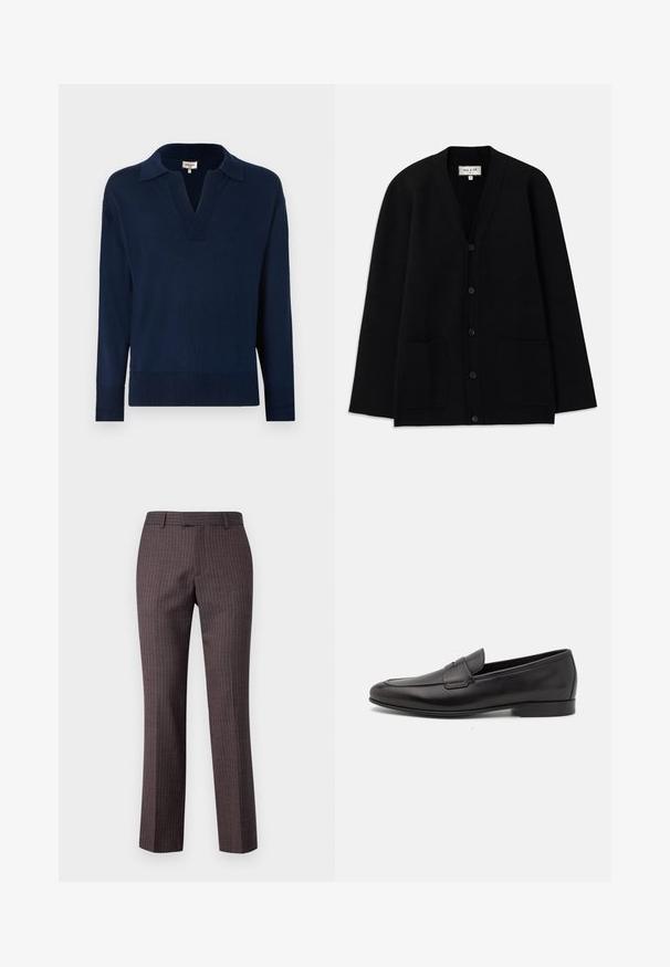 Černý svetr vyrobený z měkkého materiálu, s výstřihem do V, zapínáním na knoflíky a dvěma předními kapsami. Jednoduchý, uvolněný silueta.; Tmavě modrý svetr s dlouhým rukávem, výstřihem do V a límcem. Má žebrované manžety a lem, vyrobený z měkké, texturované látky.; Tmavě hnědé kalhoty na míru s jemným proužkovaným vzorem, rovné nohavice a hladká textilie. Mají standardní pas.; Černé kožené pánské mokasíny s nízkým podpatkem a klasickým designem se sponou, zobrazené v bočním profilu na bílém pozadí.